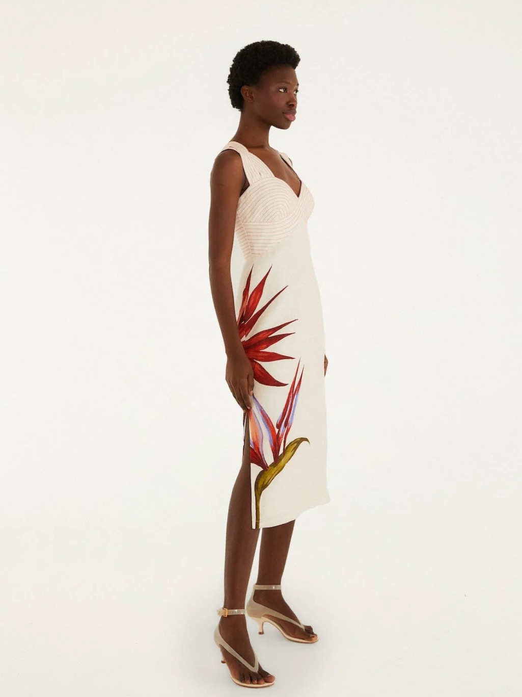Farm Rio Cream Midi Dress With Red And Green Botanical Detail